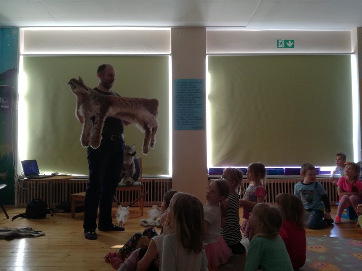 Tiit Rammul tuvustamas ilvesenahka lastele.