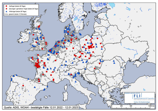 Karte: HPAI H5-Fälle in Europa, Stand 12.01.2023